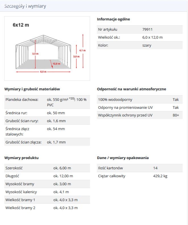 6x12x3 m Hala namiotowa, PVC 550 szary, WYSYŁKA GRATIS 