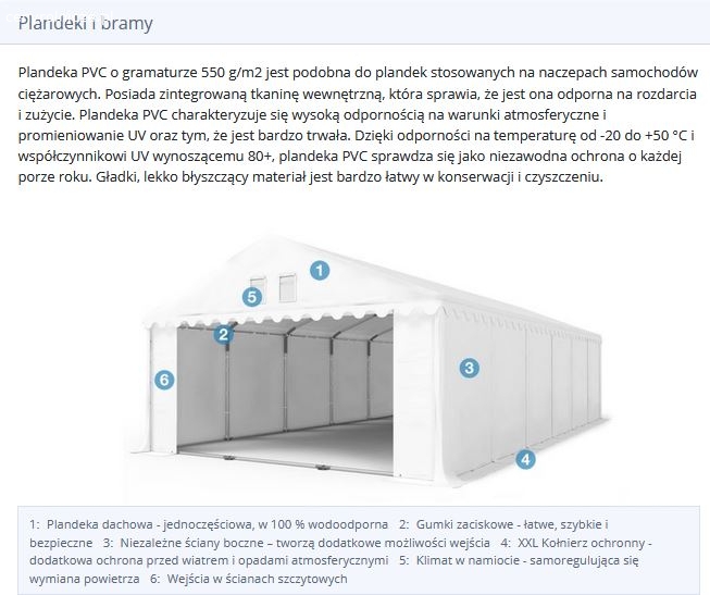 6x12m Namiot magazynowy - 2,6 m wysokość ścian bocznych, PVC biały