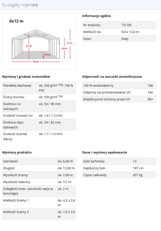 6x12m Namiot magazynowy - 2,6 m wysokość ścian bocznych, PVC biały